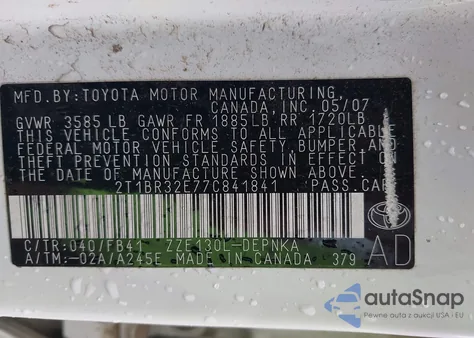 2007 Toyota Corolla Le z USA, uszkodzony, nr VIN 2T1BR32E77C841841